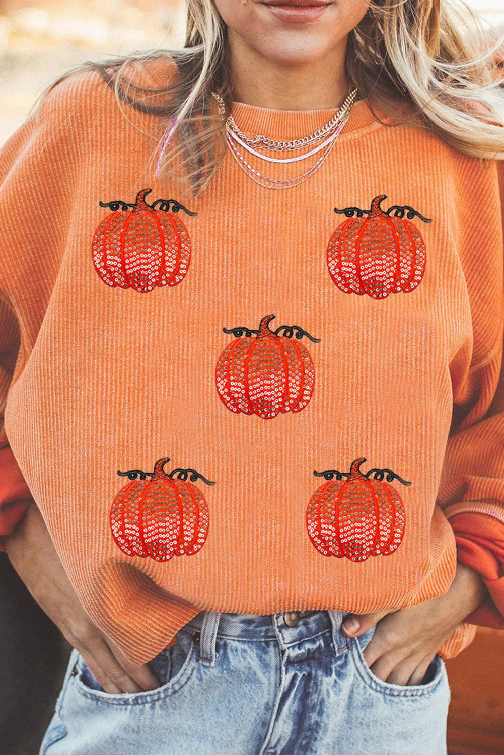 Orange Sequin Pumpkin Patched Twisted Rib Baggy Sweatshirt Dear-Lover Dropshipping