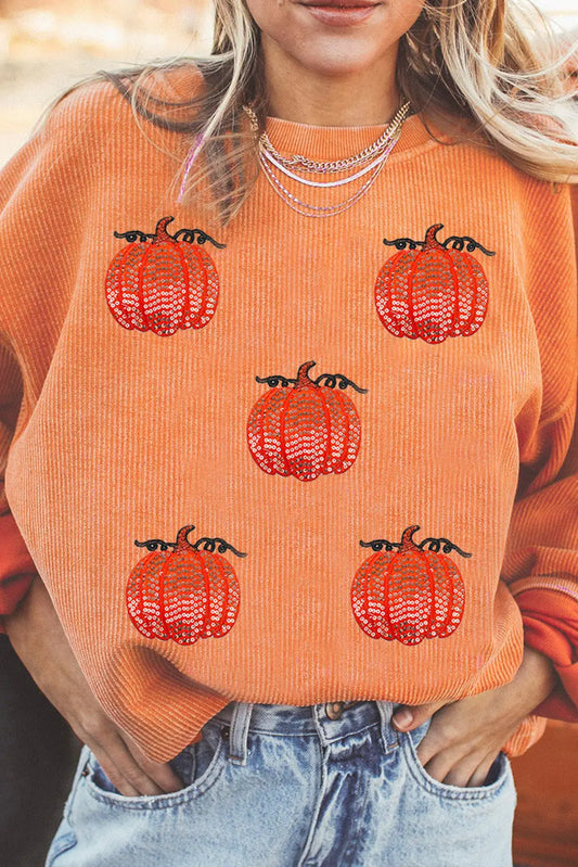 Orange Sequin Pumpkin Patched Twisted Rib Baggy Sweatshirt Dear-Lover Dropshipping