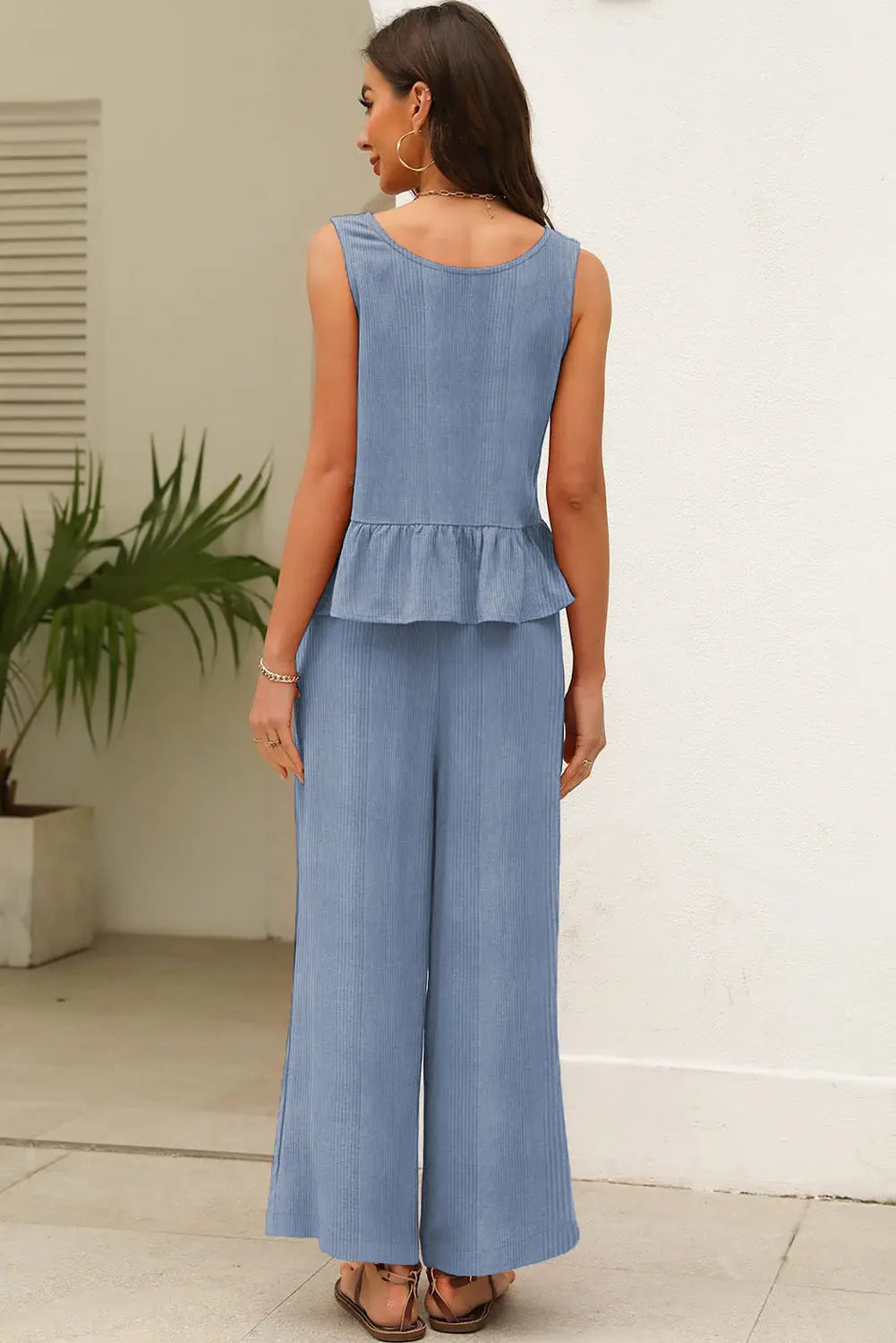 Beau Blue Solid Color Ribbed Ruffle Tank Top and Pants Set Dear-Lover Dropshipping