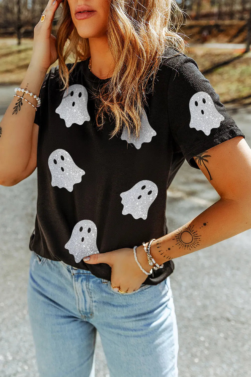 Black Glitter Ghost Pattern Crew Neck Halloween T Shirt Dear-Lover Dropshipping
