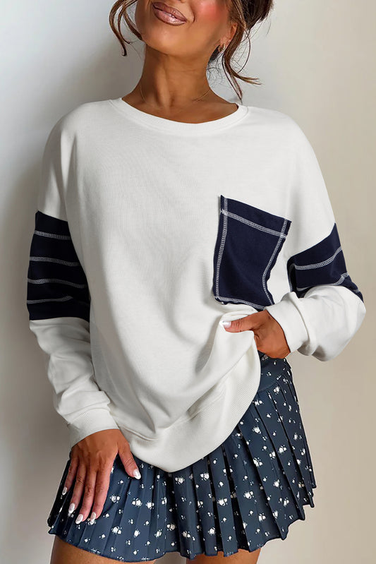 White Exposed Seam Detail Color Block Patch Pocket Drop Shoulder Sweatshirt
