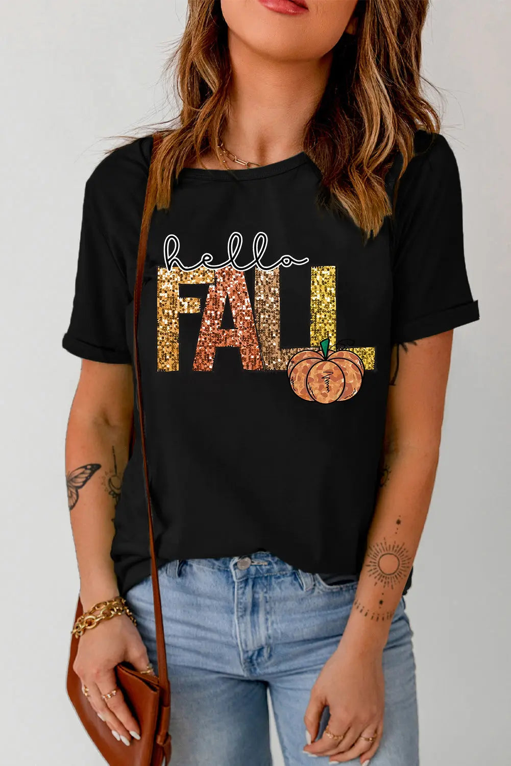 Black Hello Fall Letter Pumpkin Printed Thanksgiving T Shirt Dear-Lover Dropshipping
