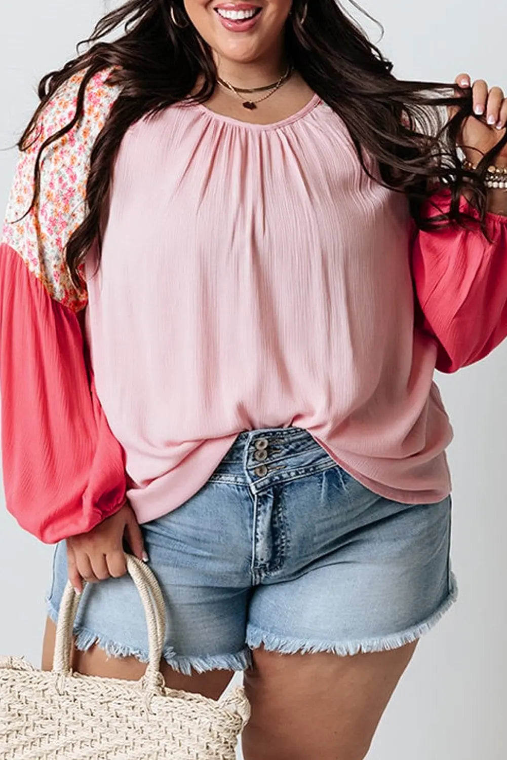 Pink Contrast Floral Patchwork Long Sleeve Plus Size Blouse Dear-Lover Dropshipping