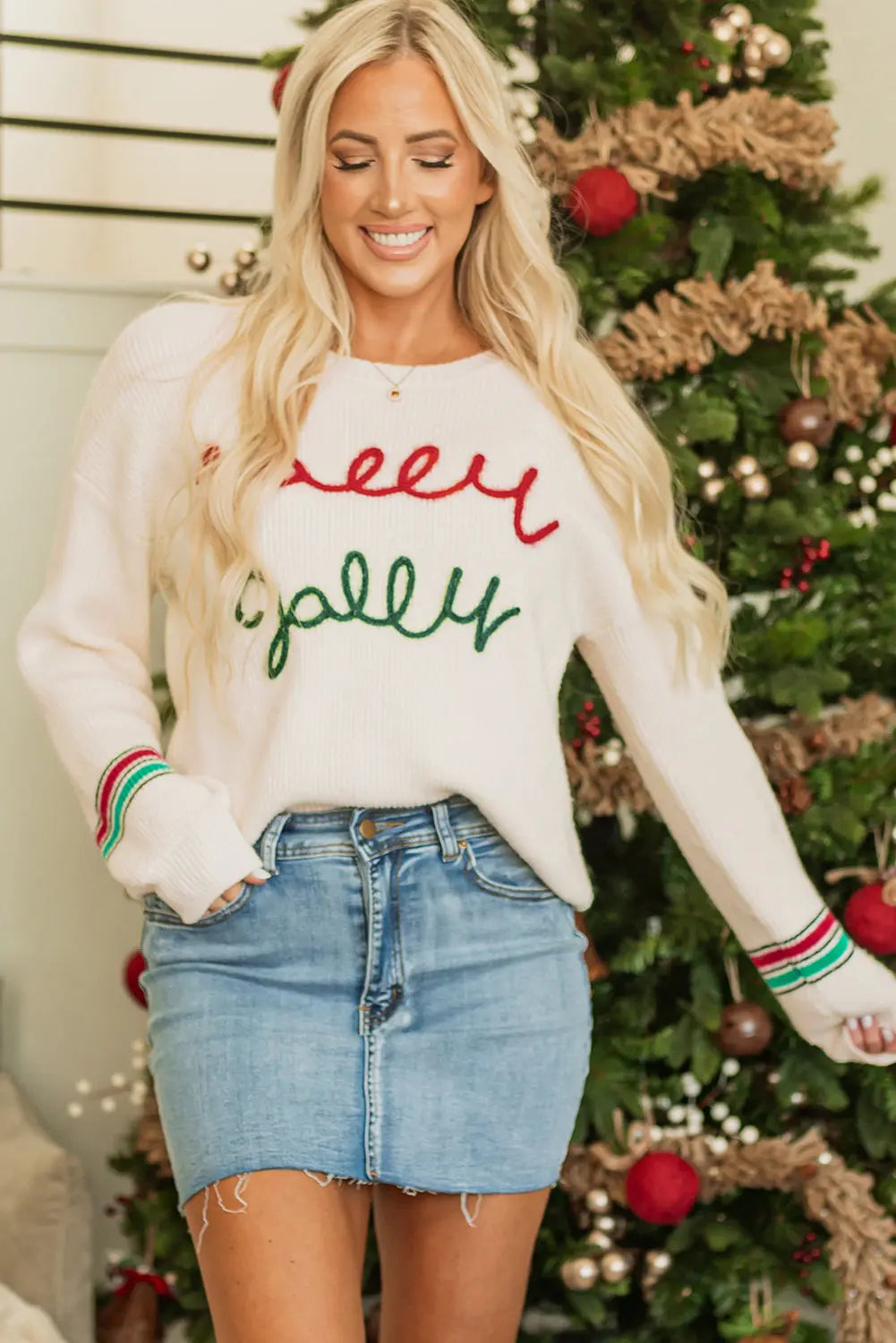 Beige Tinsel Holly Jolly Graphic Classic Sweater Dear-Lover Dropshipping