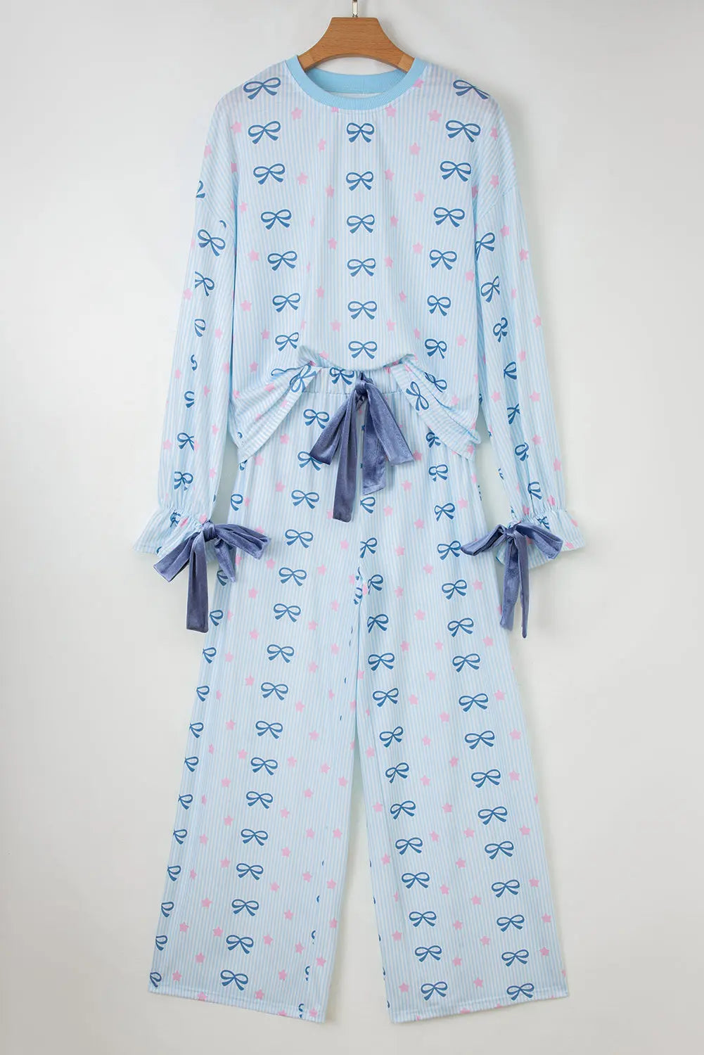 Sky Blue Stripe Bow Star Print Tied Detail 2pcs Lounge Set Dear-Lover Dropshipping