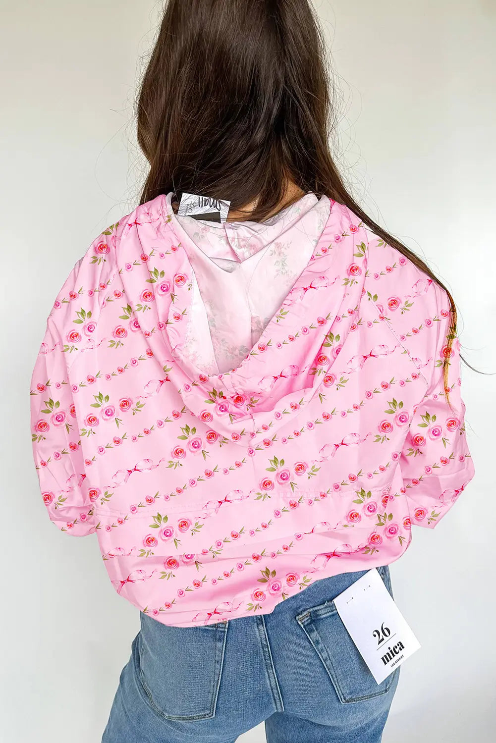 Pink Floral Print Half Zip Kangaroo Pouch Drawstring Hoodie Dear-Lover Dropshipping