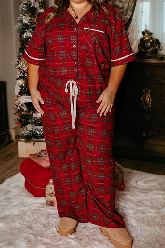 Red Plus Size Plaid Short Sleeve Shirt Loose Pants 2pcs Pajama Set