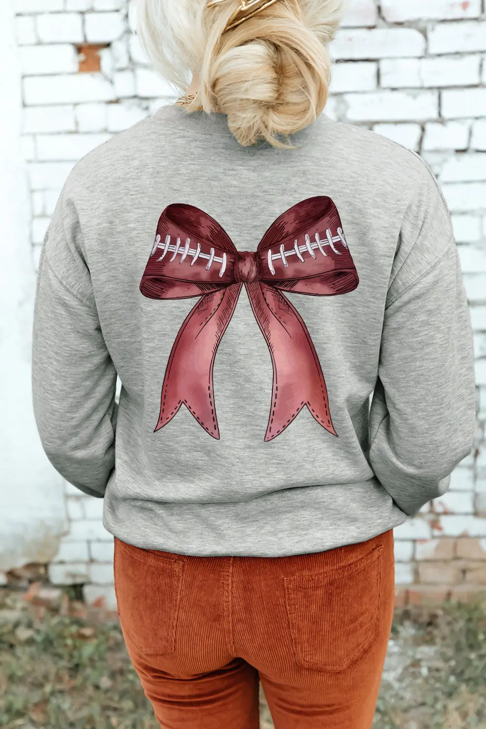 Gray Football Bow Print Drop Shoulder Pullover Sweatshirt Dear-Lover Dropshipping