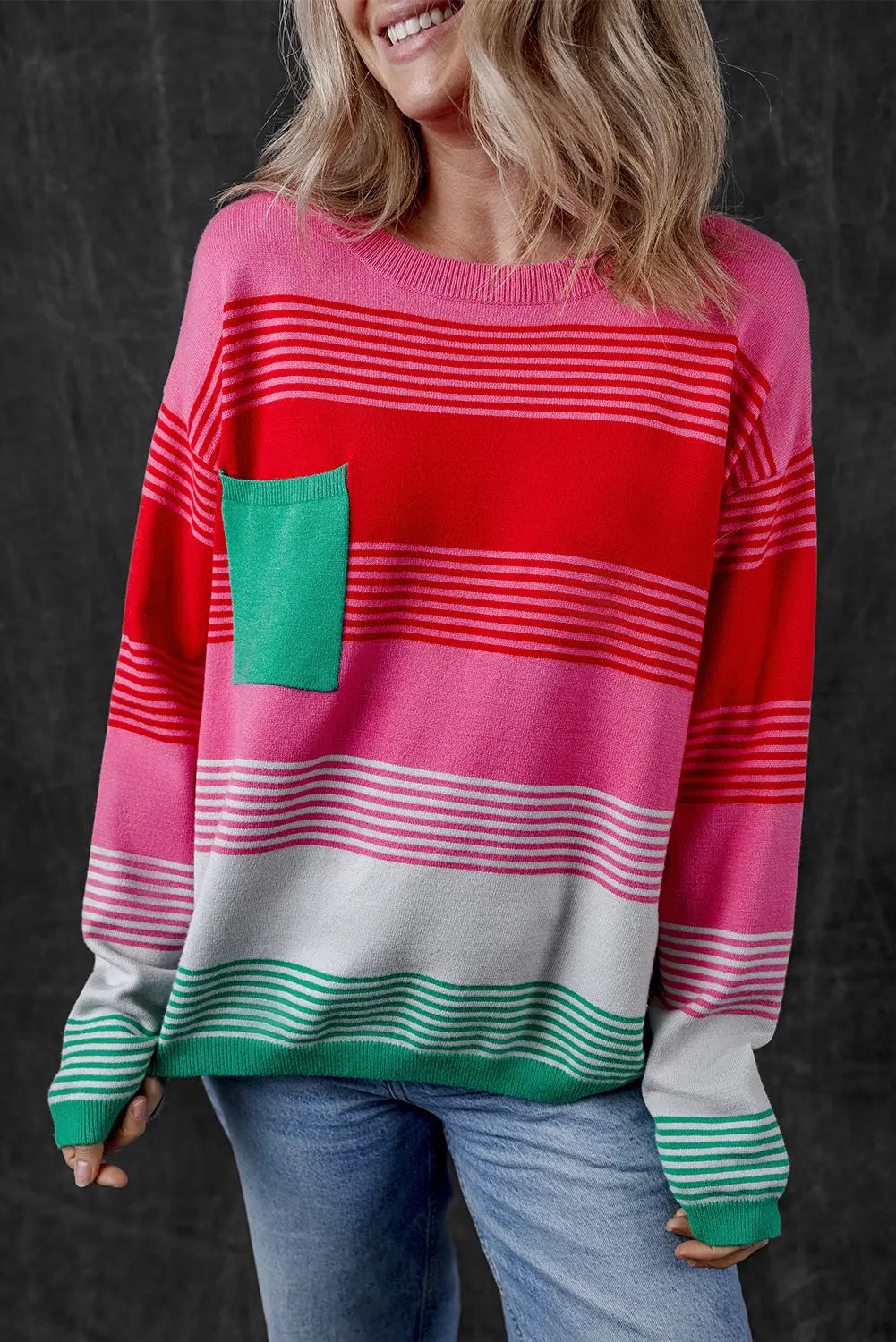 Rose Striped Knit Patch Pocket Drop Shoulder Sweater Dear-Lover Dropshipping