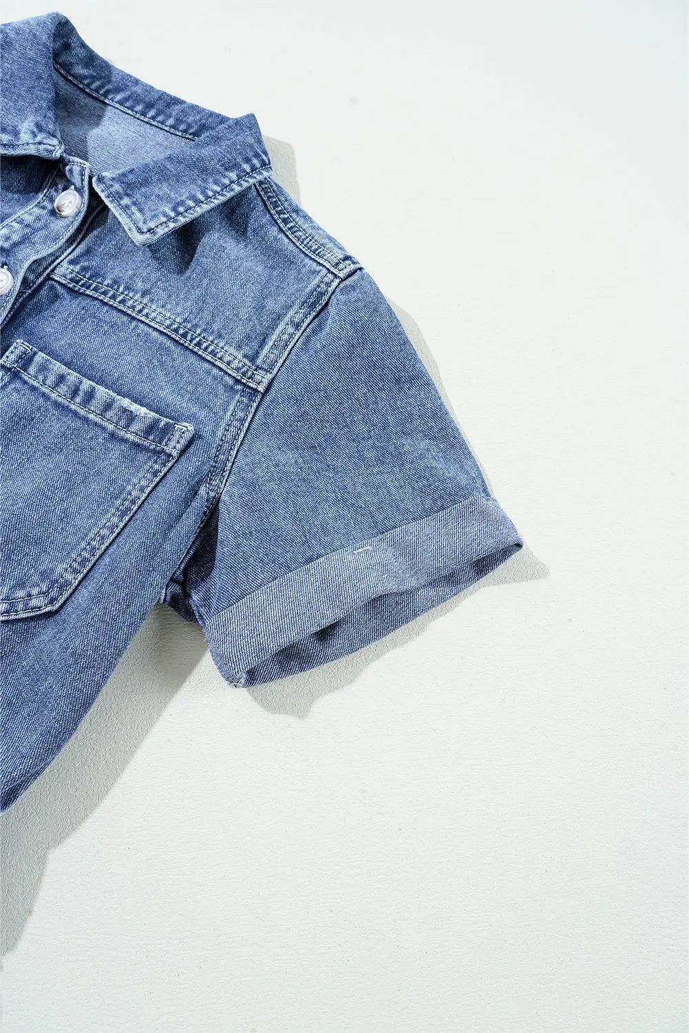 Dusk Blue Chest Pocket Front Buttoned Folded Edge Denim Short Sleeve Romper Dear-Lover Dropshipping