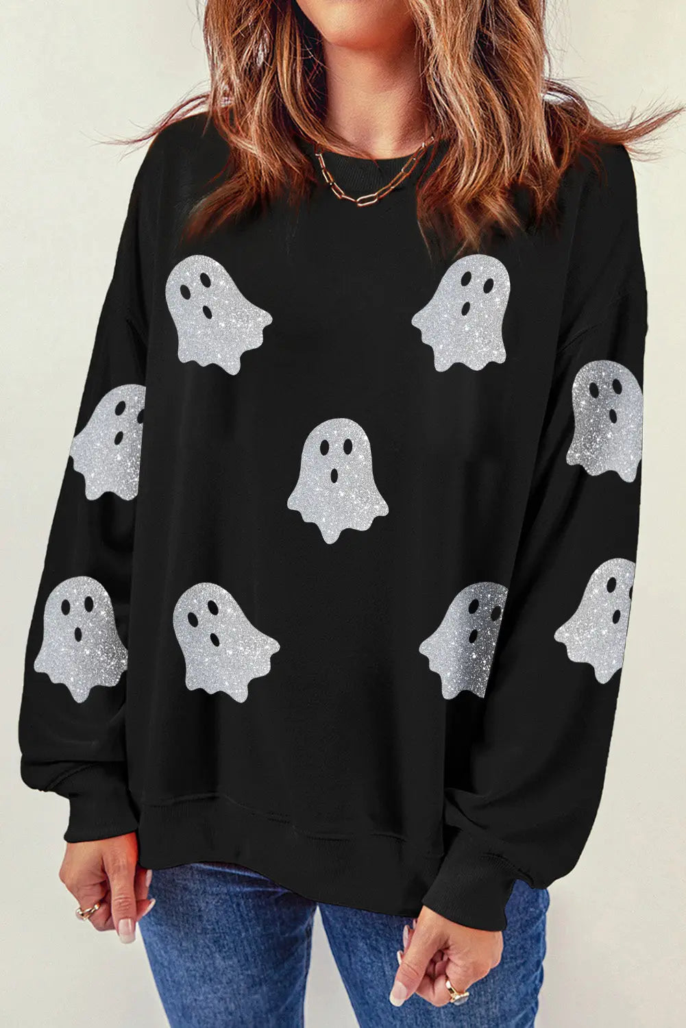 Black Glitter Ghost Pattern Crew Neck Halloween Sweatshirt Dear-Lover Dropshipping