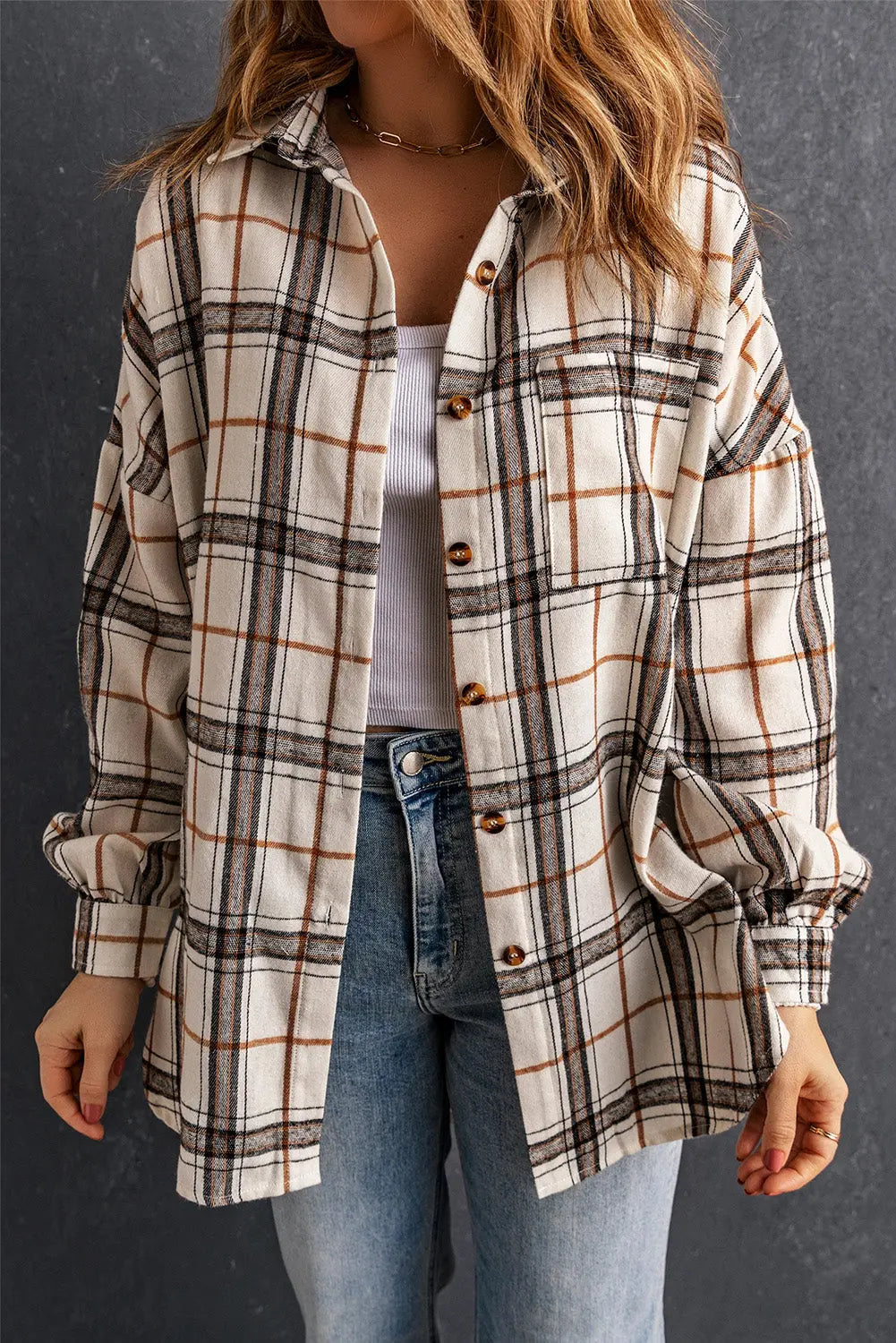 White Oversized Plaid Pattern Shacket with Slits Dear-Lover Dropshipping
