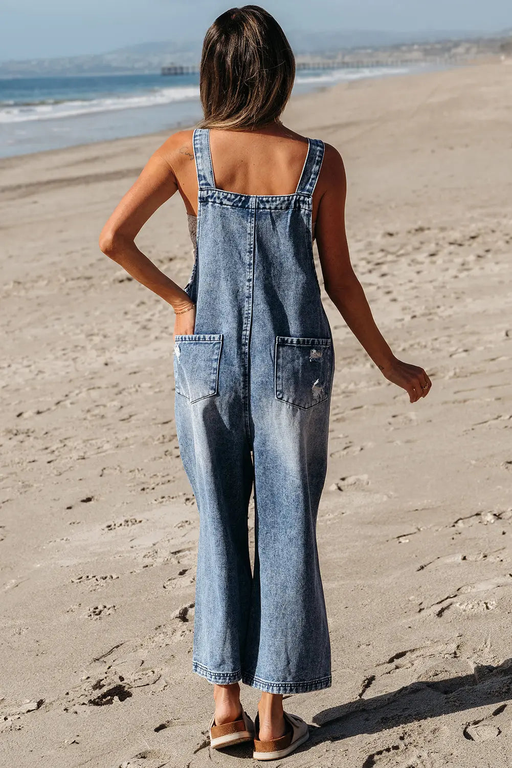 Stone Blue Distressed Bib Pocket Wide Leg Denim Overall Dear-Lover Dropshipping