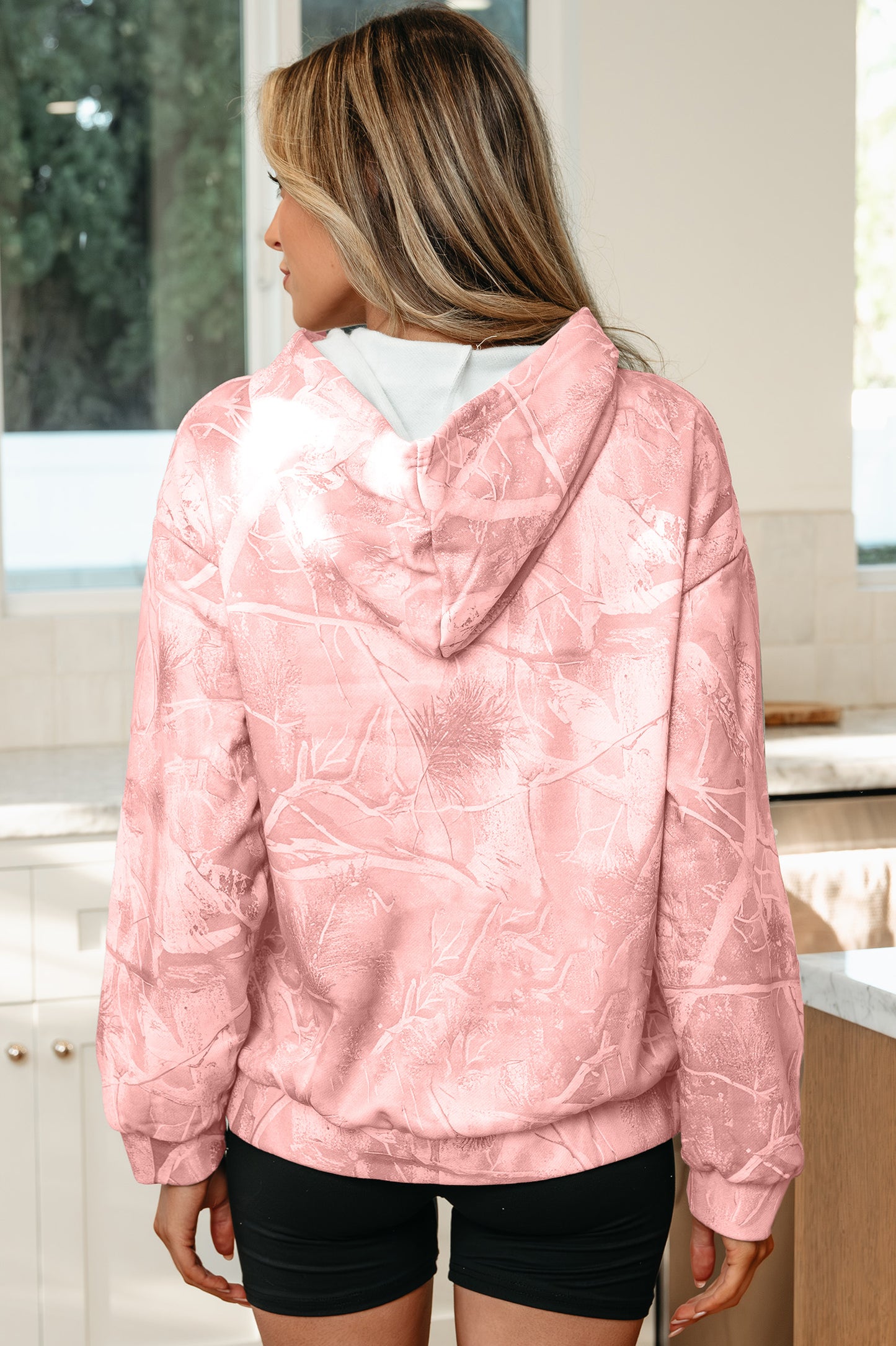 Light Pink Camouflage Woodland Print Oversized Sporty Hoodie
