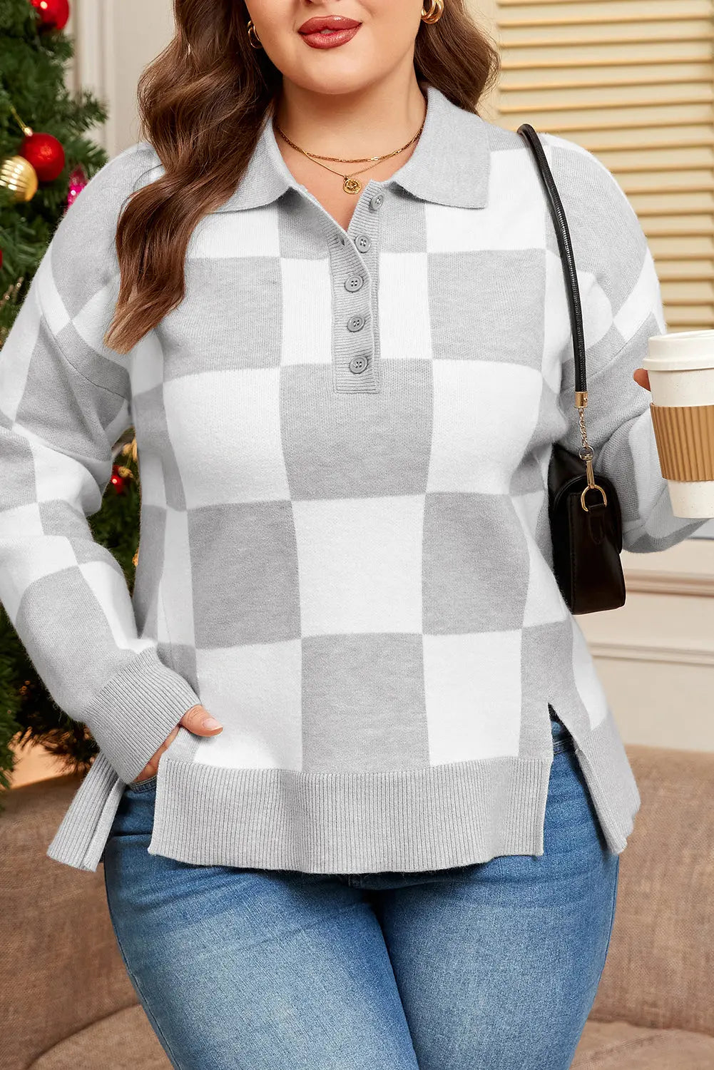 Gray Plus Size Checkered Pattern Button Polo Collar Split Sweater Dear-Lover Dropshipping