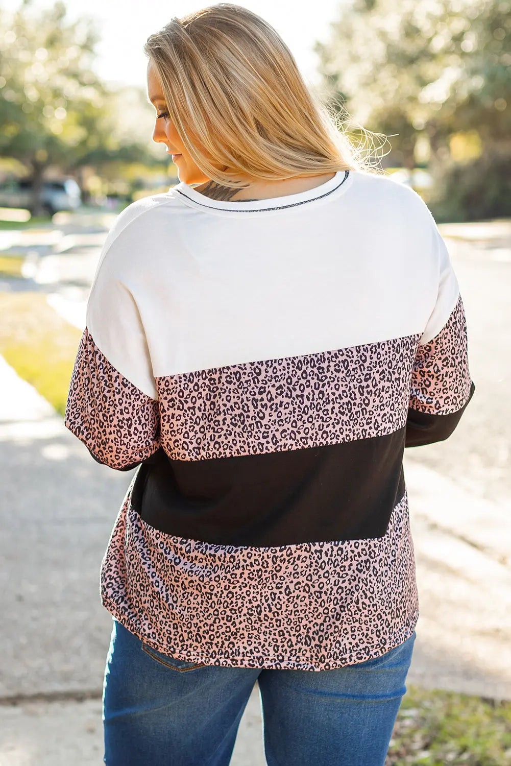 Black Leopard Print Colorblock V Neck Long Sleeve Plus Size Top Dear-Lover Dropshipping