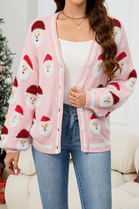 Pink Christmas Santa Claus Pattern Button V Neck Sweater Cardigan