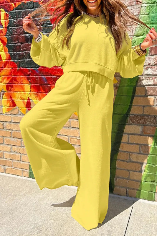 Yellow Cream Drop Shoulder Puff Sleeve Crop Pullover Drawstring Wide Leg Pants Set Dear-Lover Dropshipping