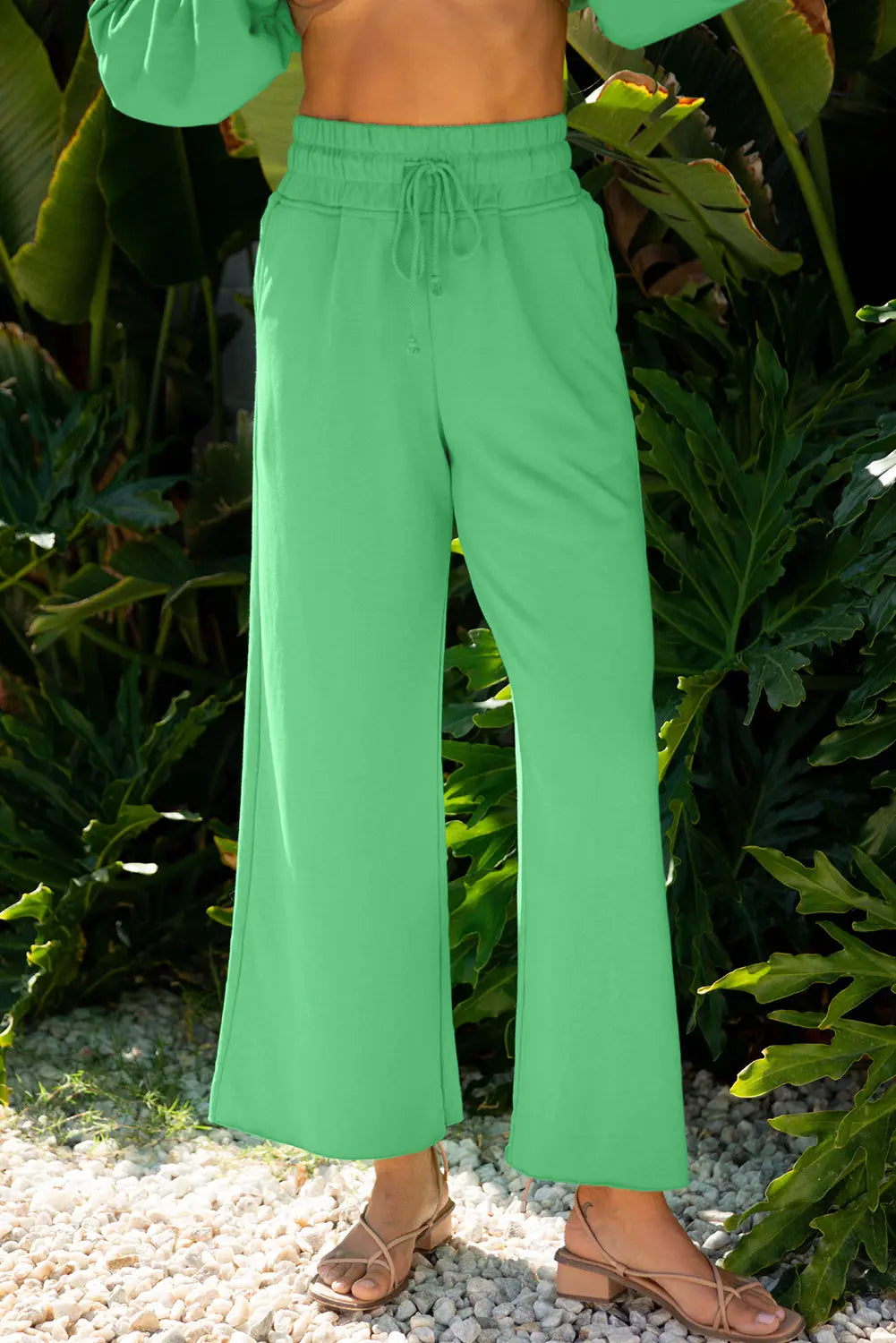 Bright Green Drop Shoulder Puff Sleeve Crop Pullover Drawstring Wide Leg Pants Set Dear-Lover Dropshipping