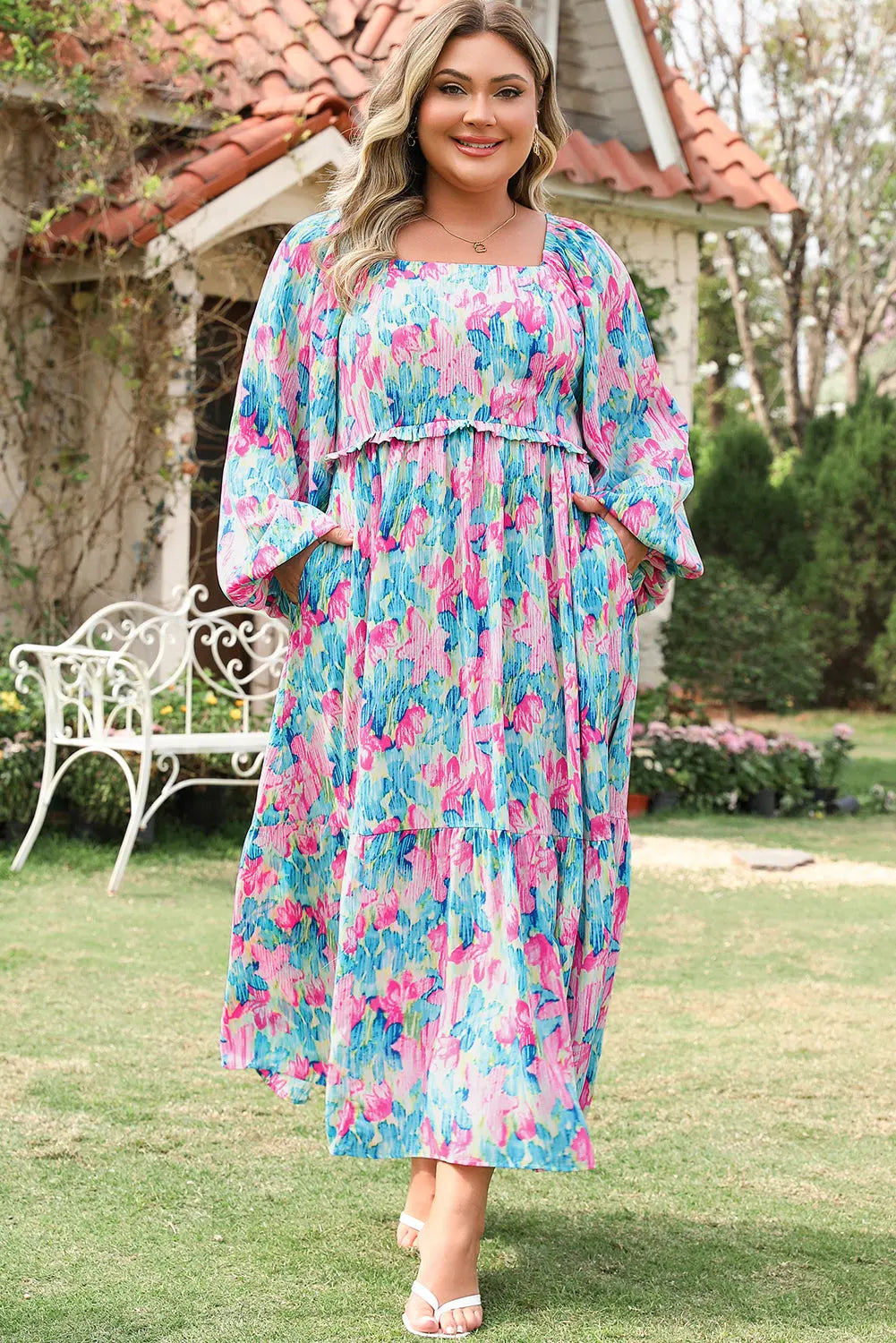 Sky Blue Floral Allover Print Shirred Square Neck Plus Size Maxi Dress Dear-Lover Dropshipping