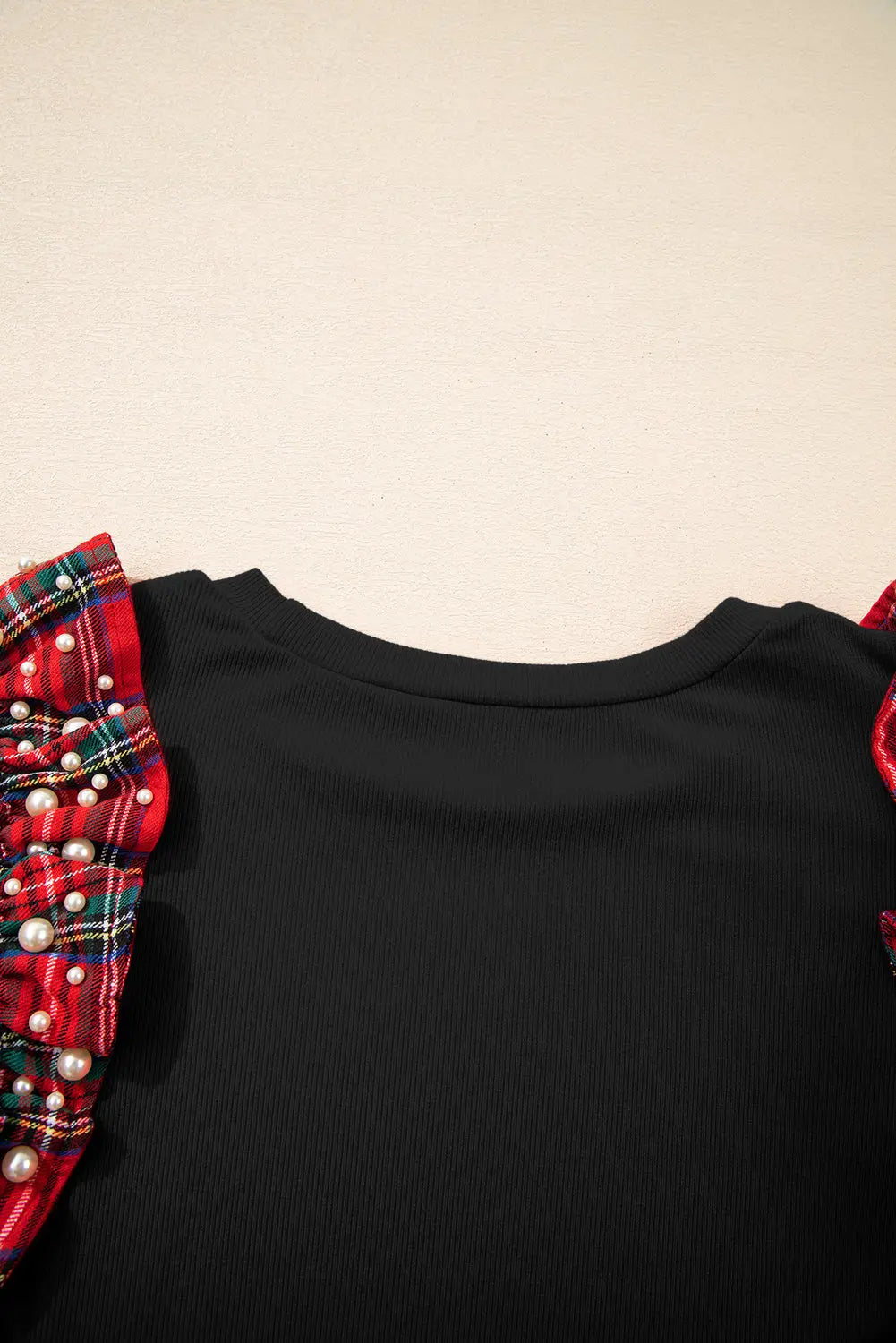 Black Plaid Pearl Ruffle Short Sleeve Loose T Shirt Dear-Lover Dropshipping