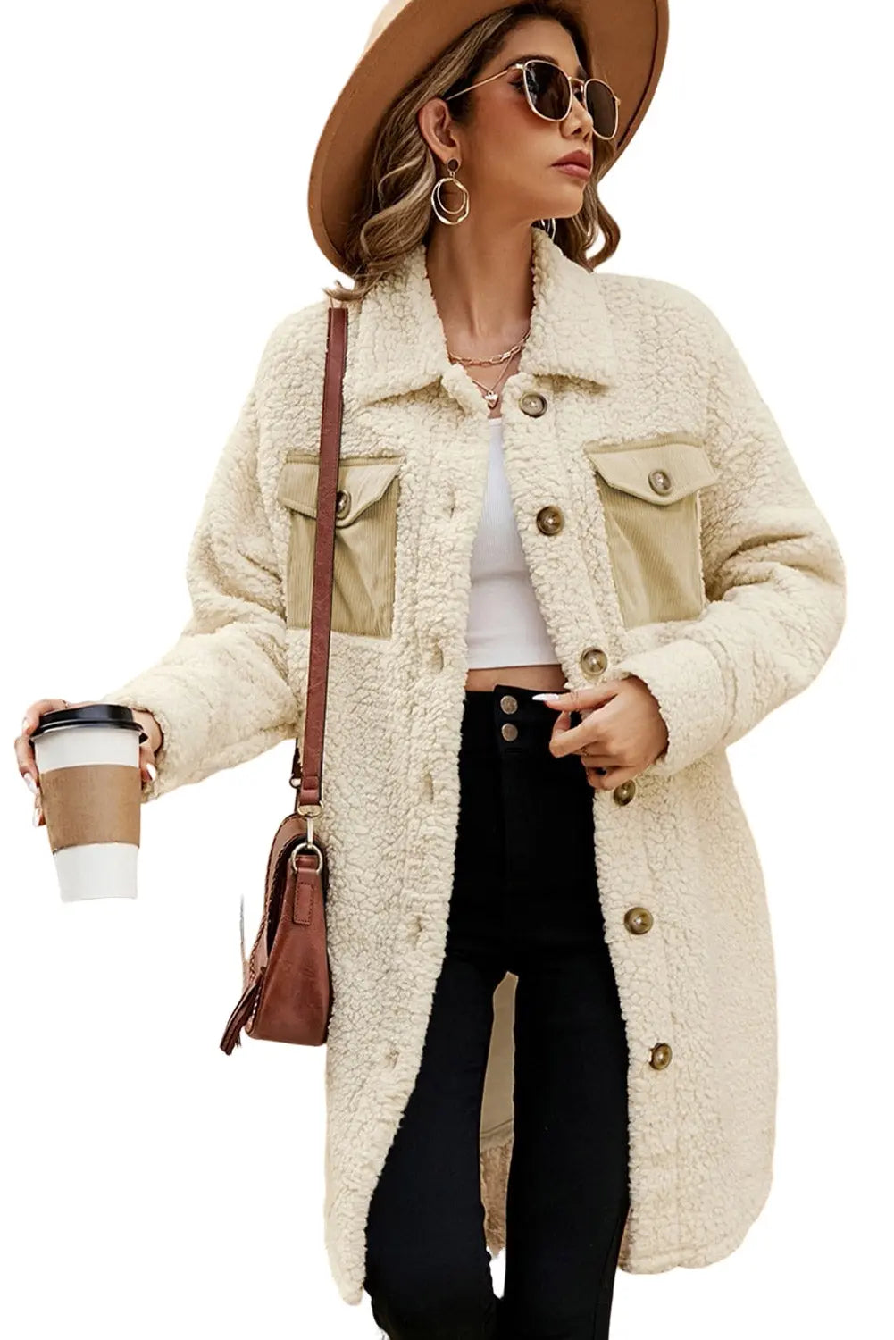 Beige Contrast Flap Pocket Single Breasted Teddy Coat Dear-Lover Dropshipping