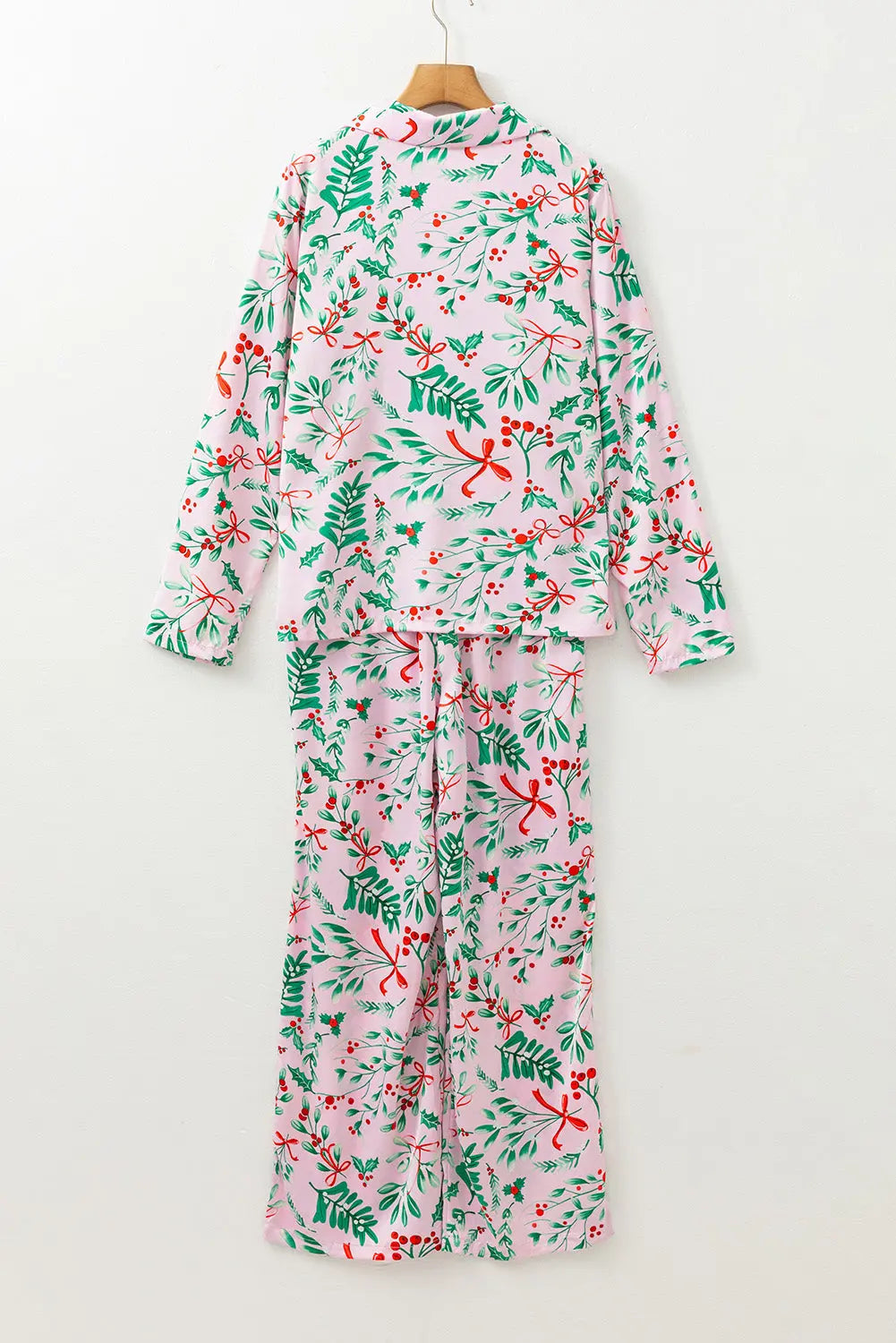 Pink Christmas Berries Plant Print Satin Long Sleeve Pajama Set Dear-Lover Dropshipping