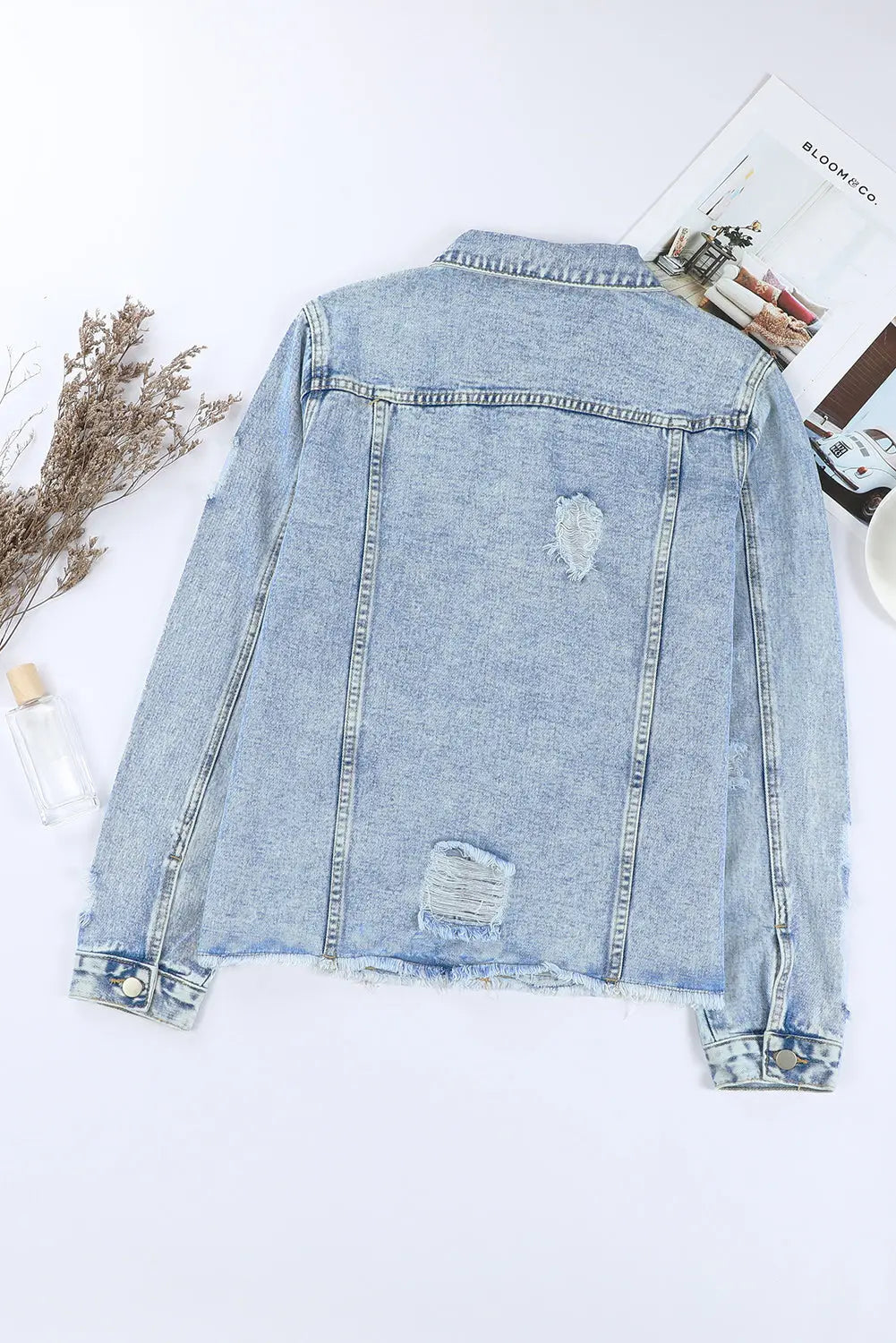 Sky Blue Lapel Distressed Raw Hem Buttons Denim Jacket Dear-Lover Dropshipping