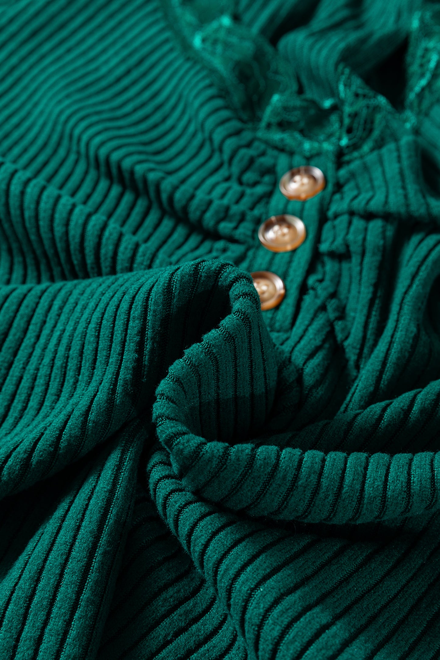 Skobeloff Lace Neckline Button Decor Lettuce Edge Long Sleeve Ribbed Top