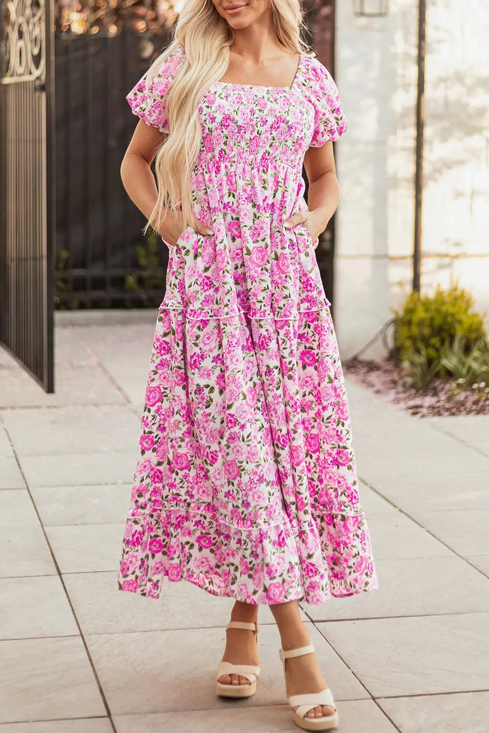 Pink Dainty Floral Smocked Puff Sleeve Flowy Long Dress Dear-Lover Dropshipping