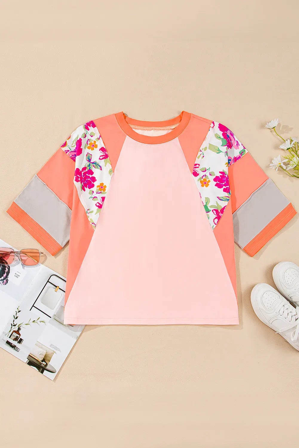 Orange Plus Size Floral Print Patchwork Raglan Half Sleeve Top Dear-Lover Dropshipping