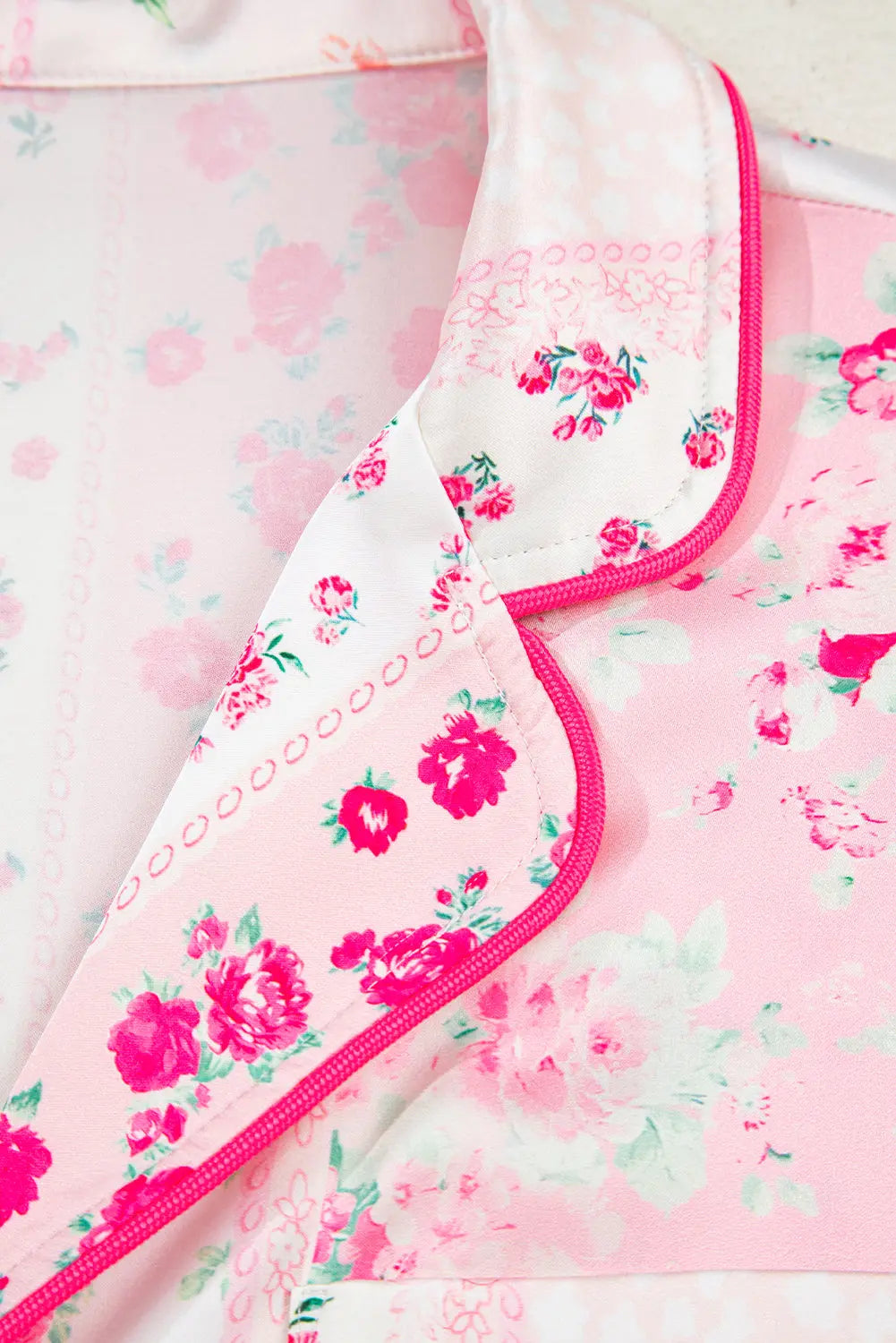 Pink Mixed Floral Print Contrast Piping Trim Satin Tie 2pcs Pajama Set Dear-Lover Dropshipping