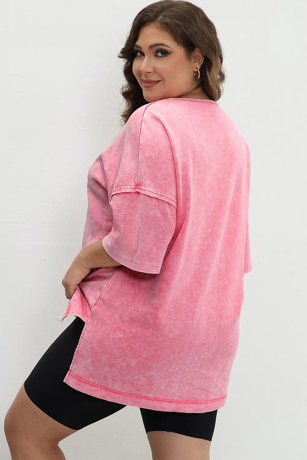 Strawberry Pink Mineral Wash Drop Sleeve Patchwork Plus Tee Dear-Lover Dropshipping