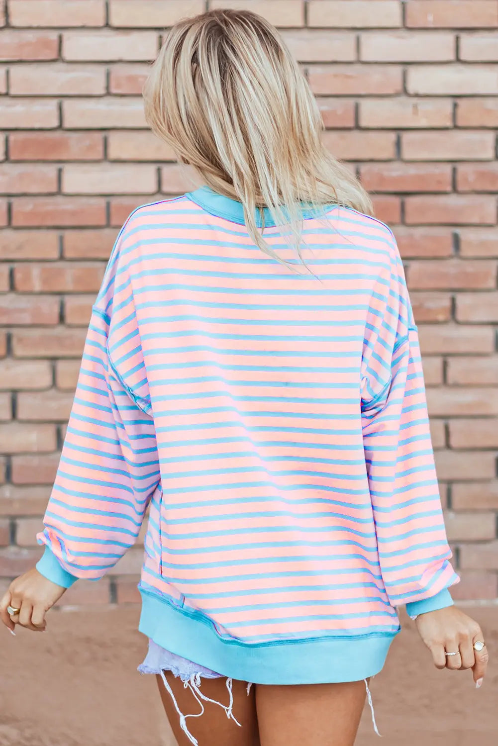 Pink Stripe Contrast Trim High Low Pullover Tunic Sweatshirt Dear-Lover Dropshipping