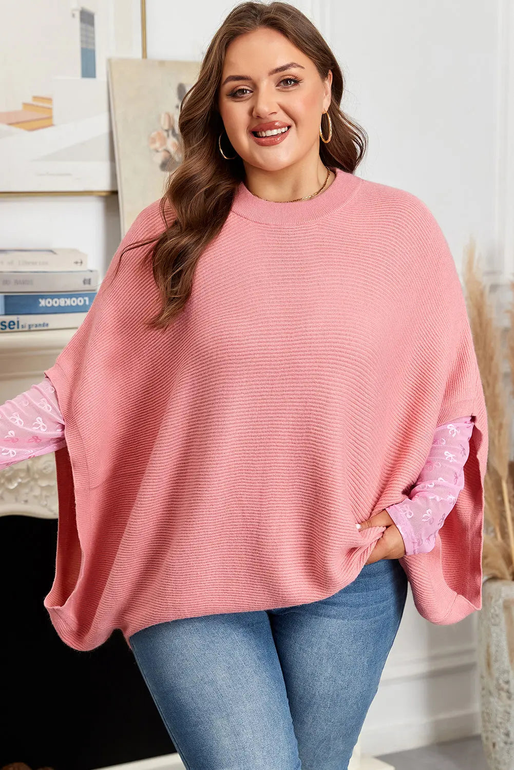 Light Pink Ribbed Knit Half Sleeve Plus Size Poncho Style Sweater Dear-Lover Dropshipping