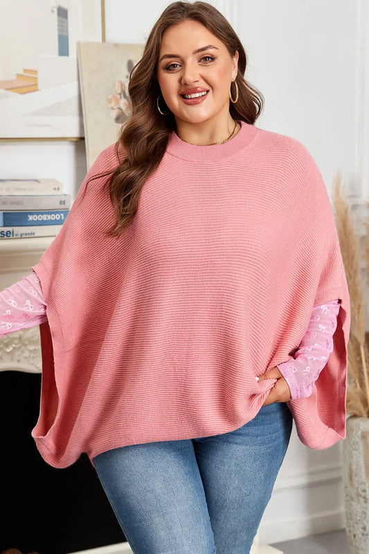 Light Pink Ribbed Knit Half Sleeve Plus Size Poncho Style Sweater Dear-Lover Dropshipping