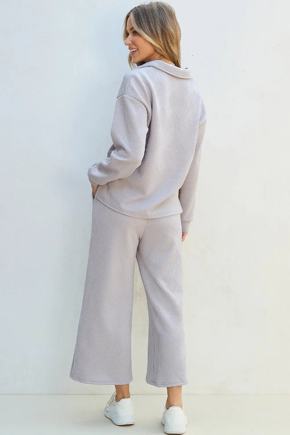 Light Grey Solid Textured Collared V Neck Top and Wide Leg Pants Set Dear-Lover Dropshipping