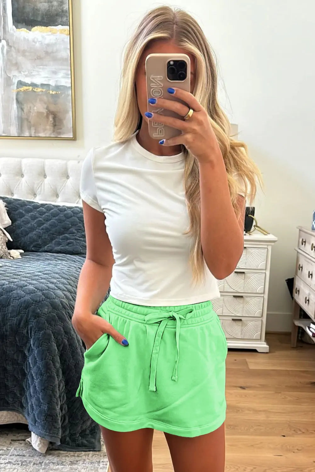 Light Green French Terry Drawstring Elastic Waistband Mini Skort with Pockets Dear-Lover Dropshipping