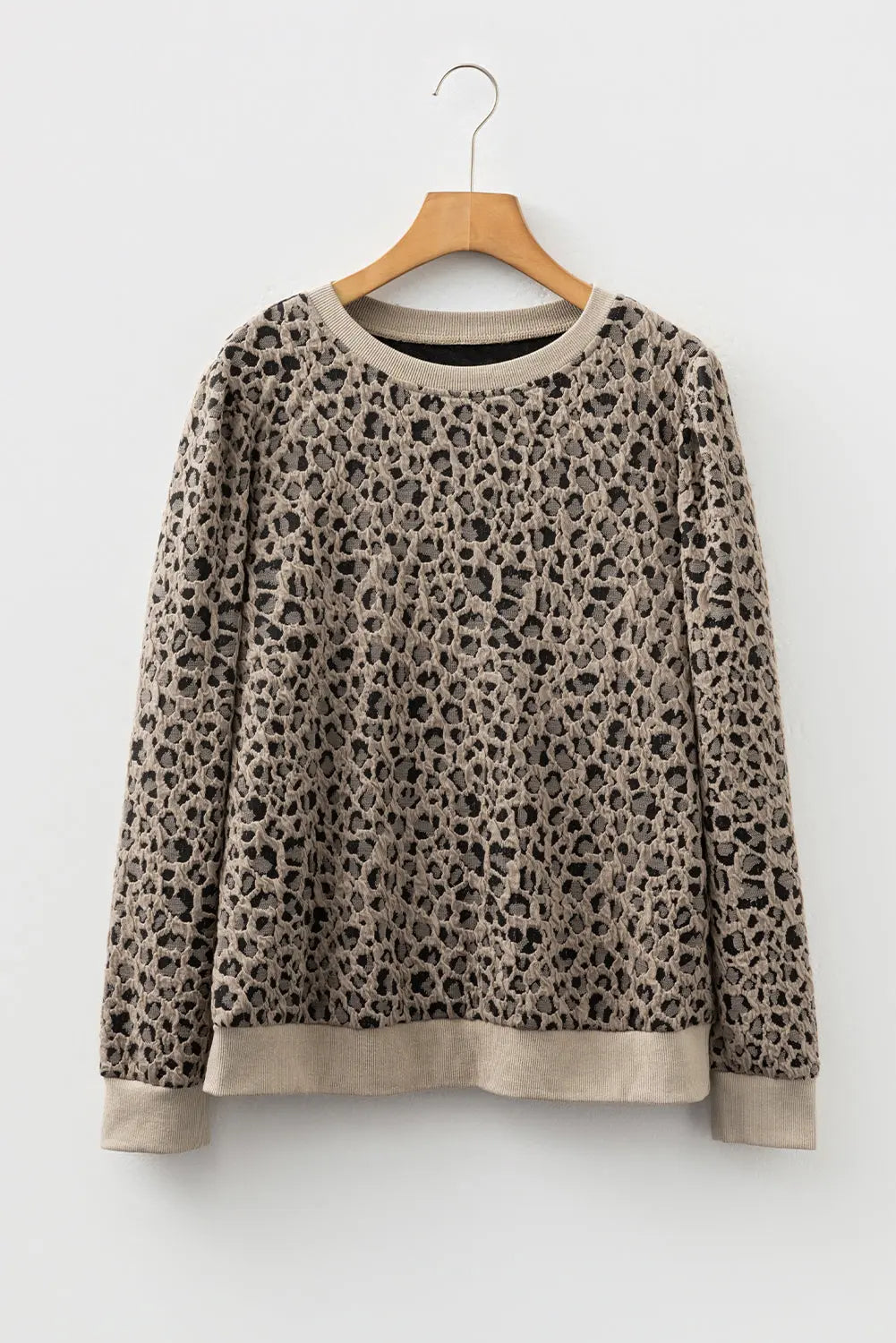 Khaki Ribbed Trim Leopard Print Long Sleeve Top Dear-Lover Dropshipping