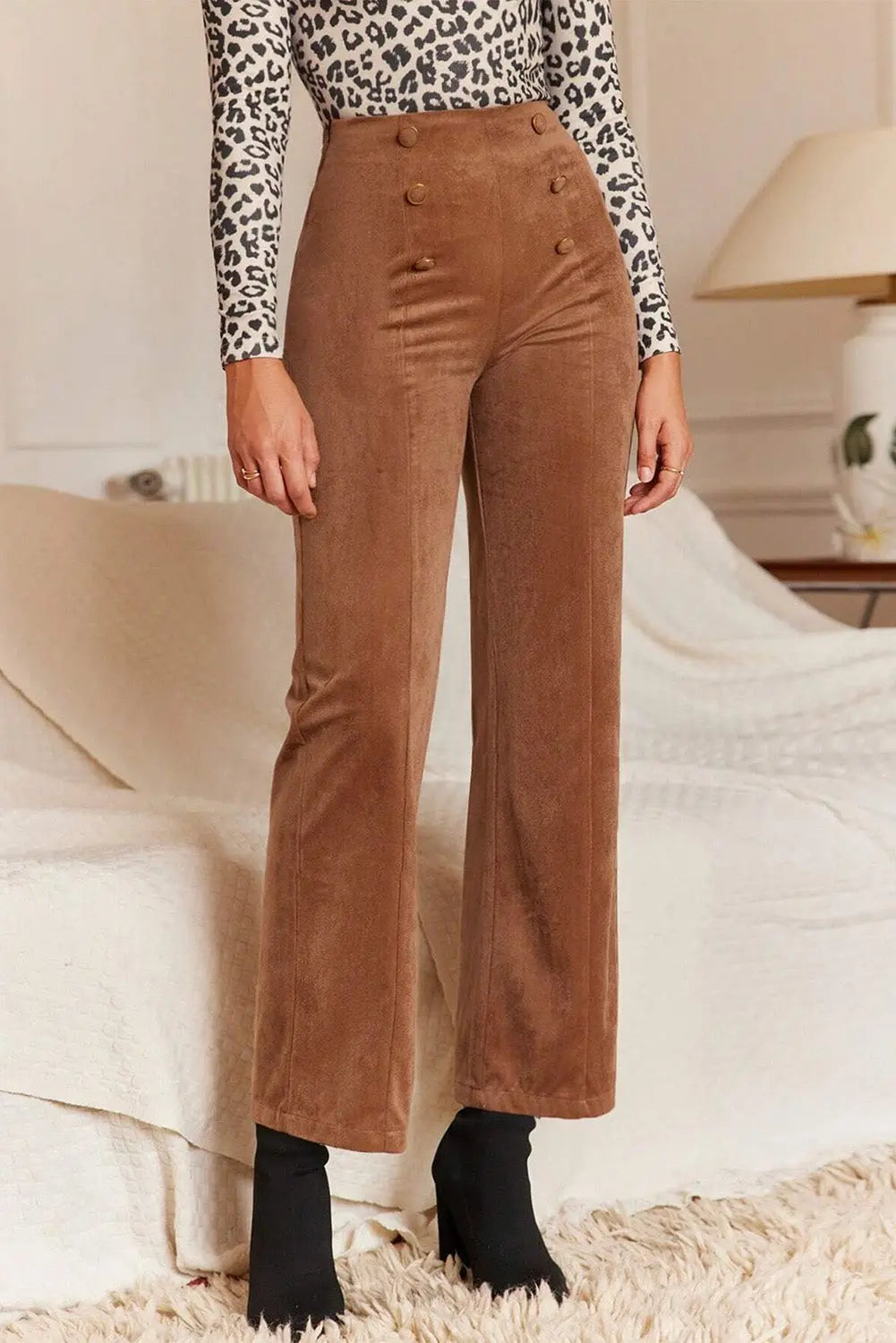 Chestnut Solid Color Double Breasted Straight Leg Pants Dear-Lover Dropshipping