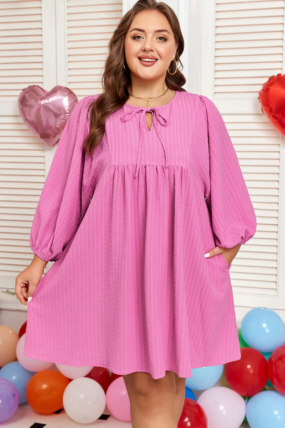 Sachet Pink Plus Size Textured Tie Split Neck Puff Sleeve Flowy Mini Dress Dear-Lover Dropshipping
