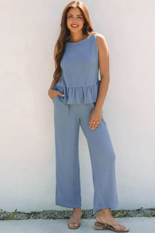 Beau Blue Solid Color Ribbed Ruffle Tank Top and Pants Set Dear-Lover Dropshipping