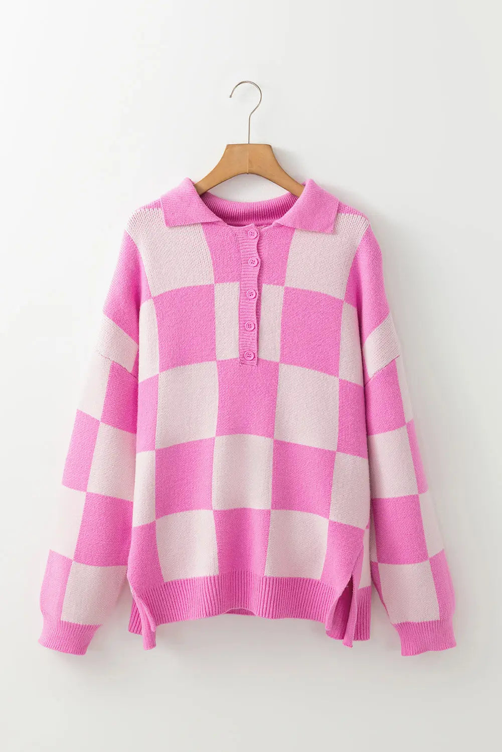Pink Checkerboard Half Button Collared Drop Shoulder Sweater Dear-Lover Dropshipping