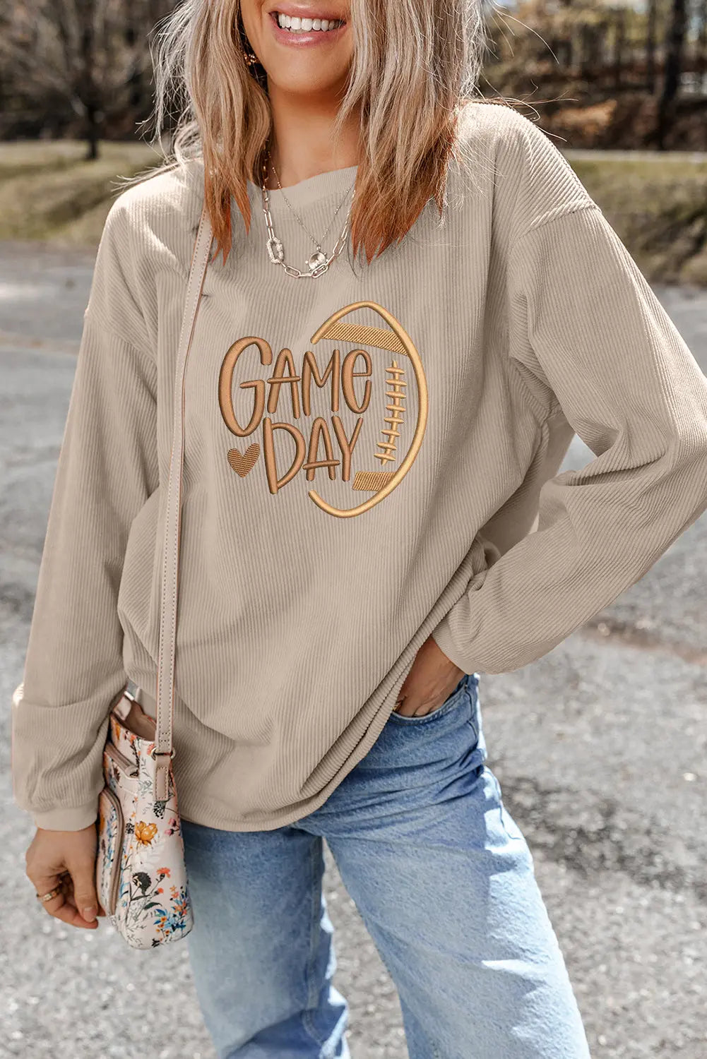 Smoke Gray Twisted Rib Texture game day Rugby Embroidered Baggy Sweatshirt Dear-Lover Dropshipping