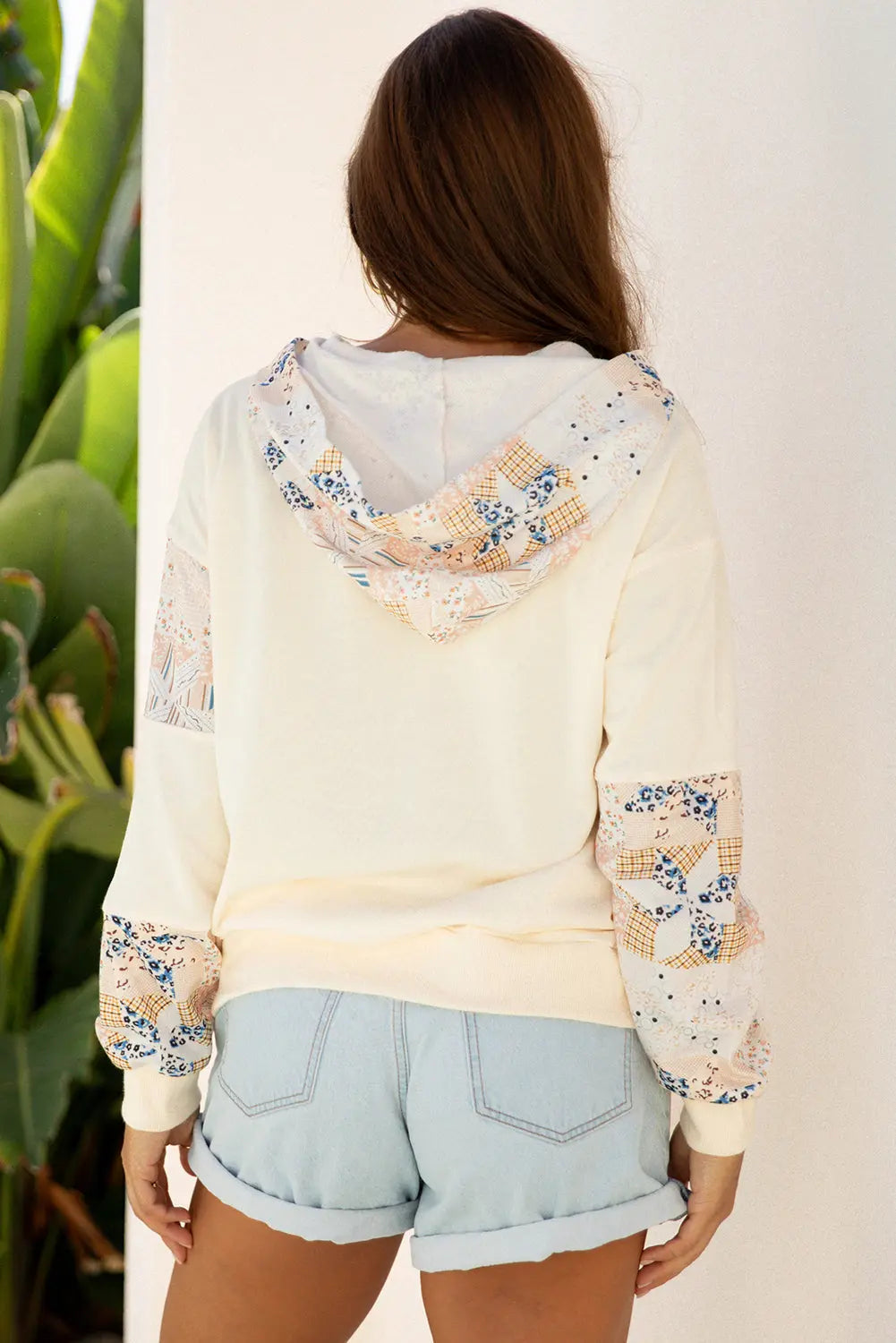 Beige Western Geo Pattern Patchwork Hoodie with Kangaroo Pocket Dear-Lover Dropshipping