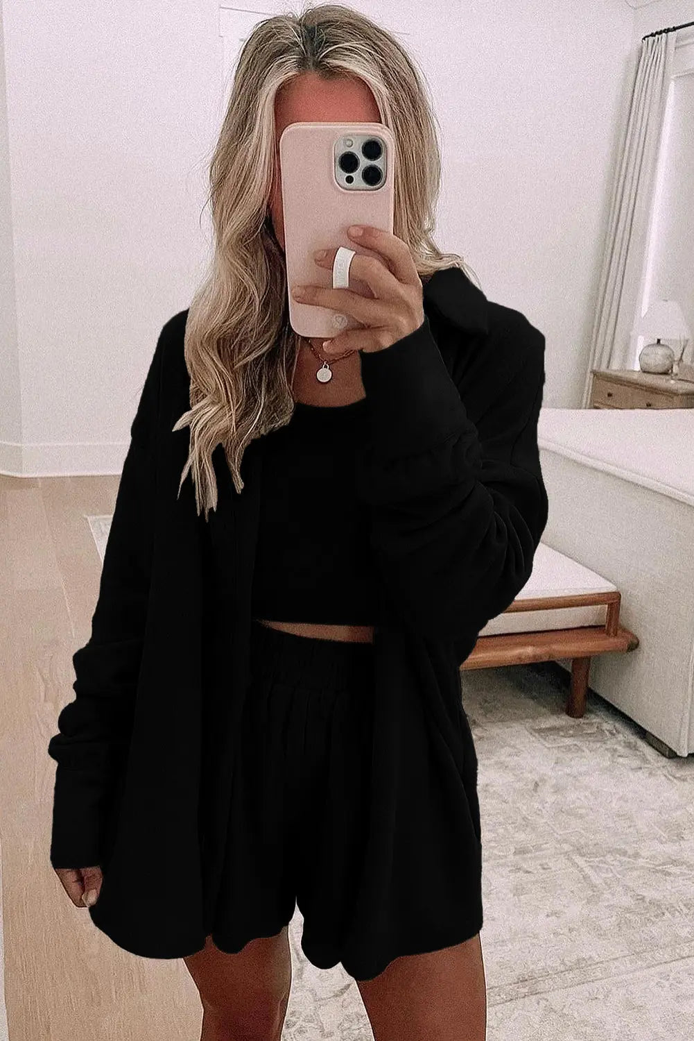 Black 3 Pcs Crop Tank Top Shorts with Cardigan Lounge Set Dear-Lover Dropshipping