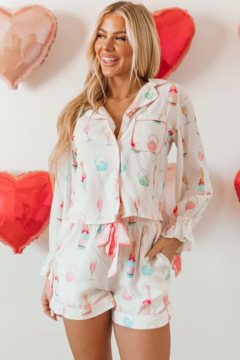 White Christmas Wine Glass Print Bow Knot Two Piece Pajama Set Dear-Lover Dropshipping
