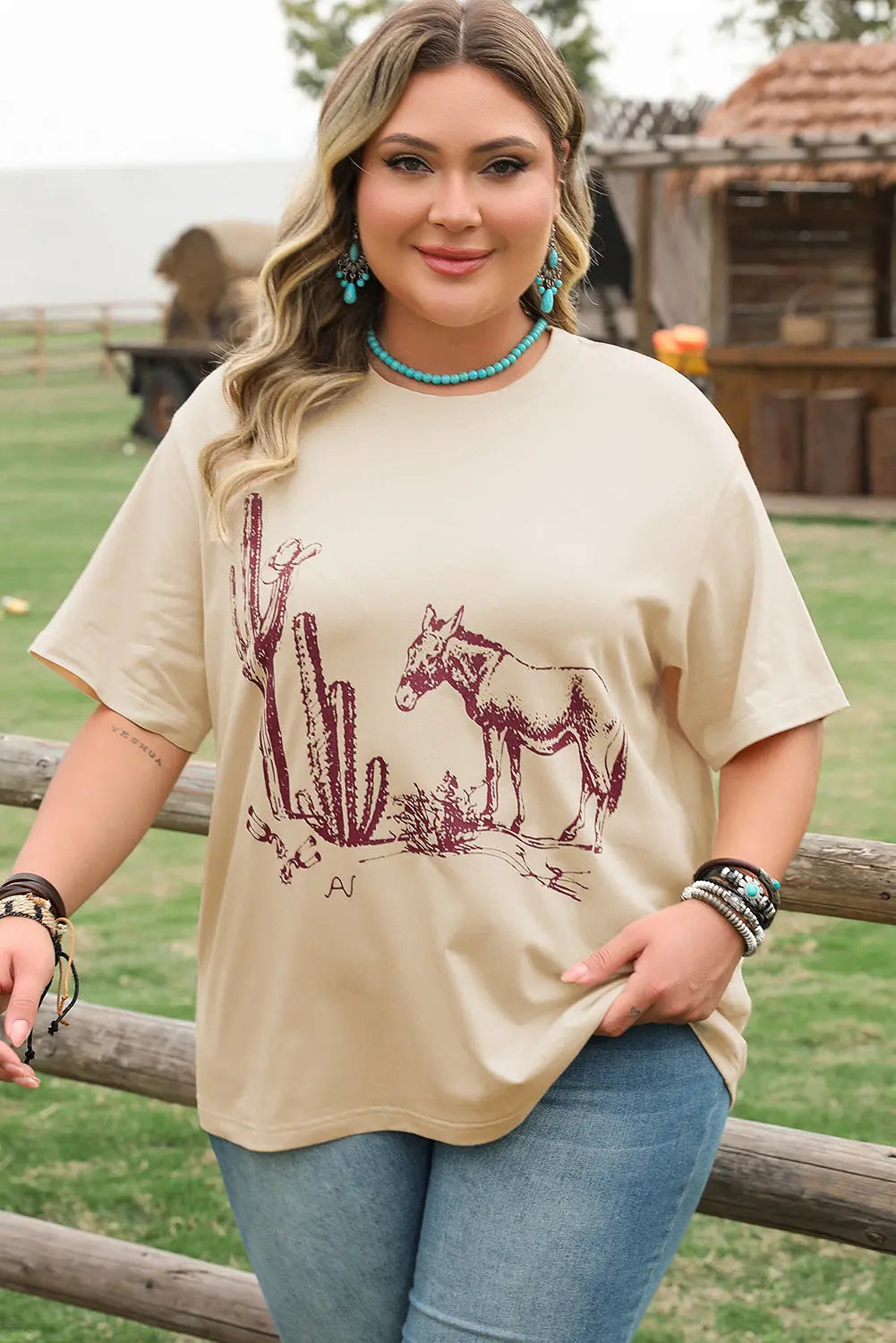Parchment Western Burro Cactus Crew Neck Graphic Tee Dear-Lover Dropshipping