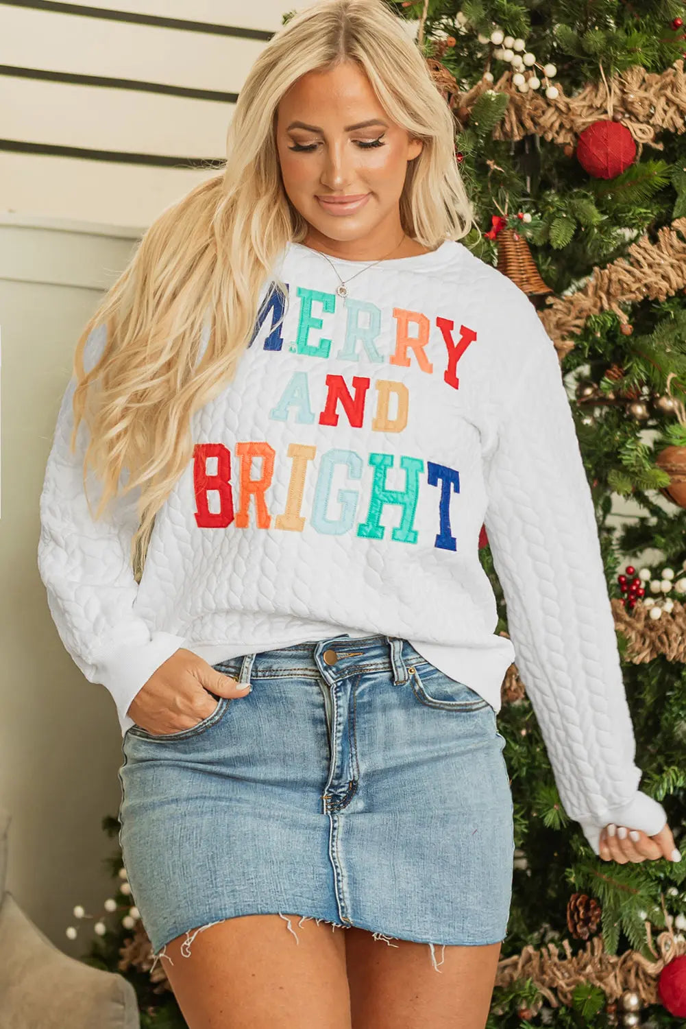 White Merry And Bright Cable Knit Pullover Sweatshirt Dear-Lover Dropshipping