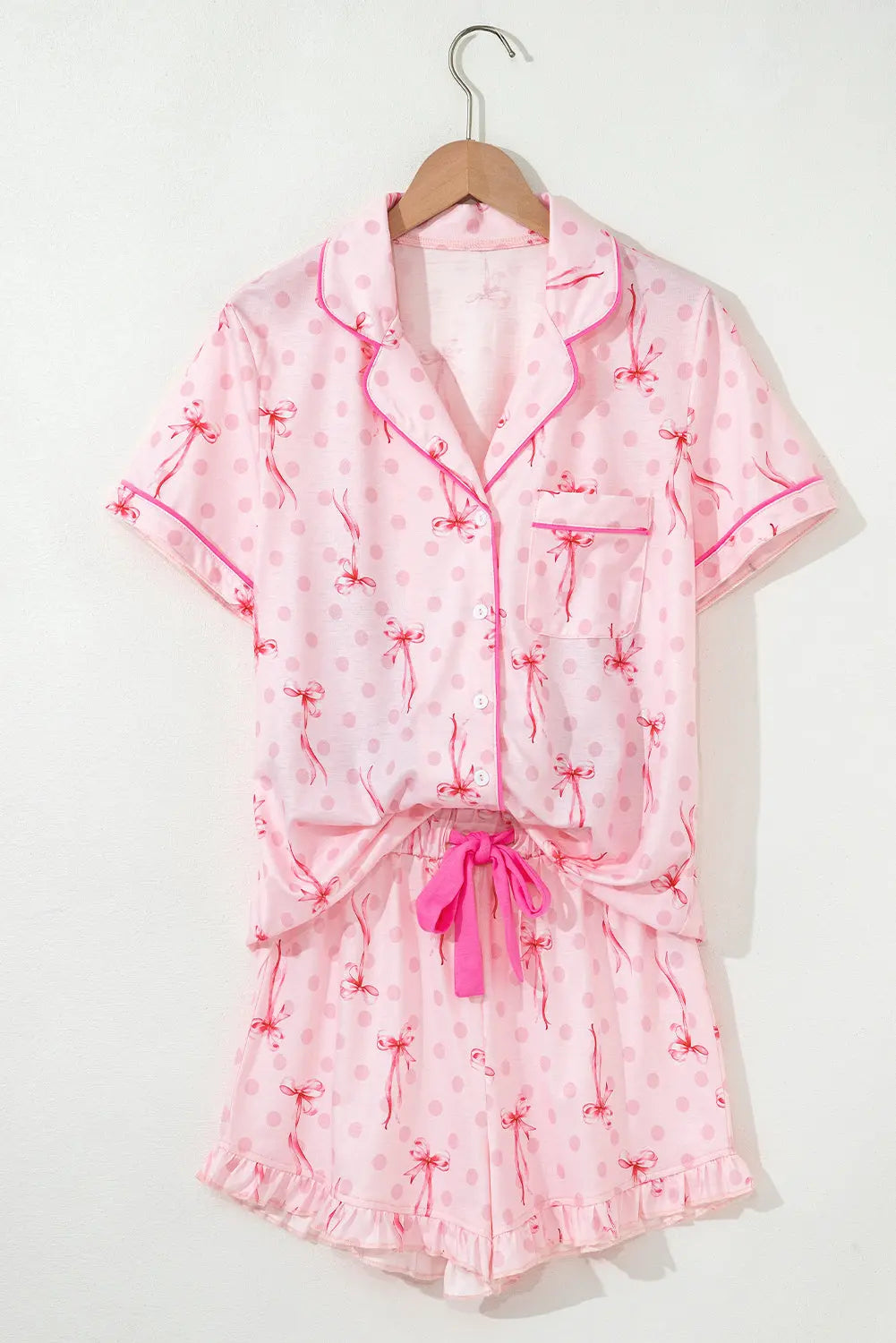 Pink Bow Print Contrast Pipping Short Pajamas Set Dear-Lover Dropshipping